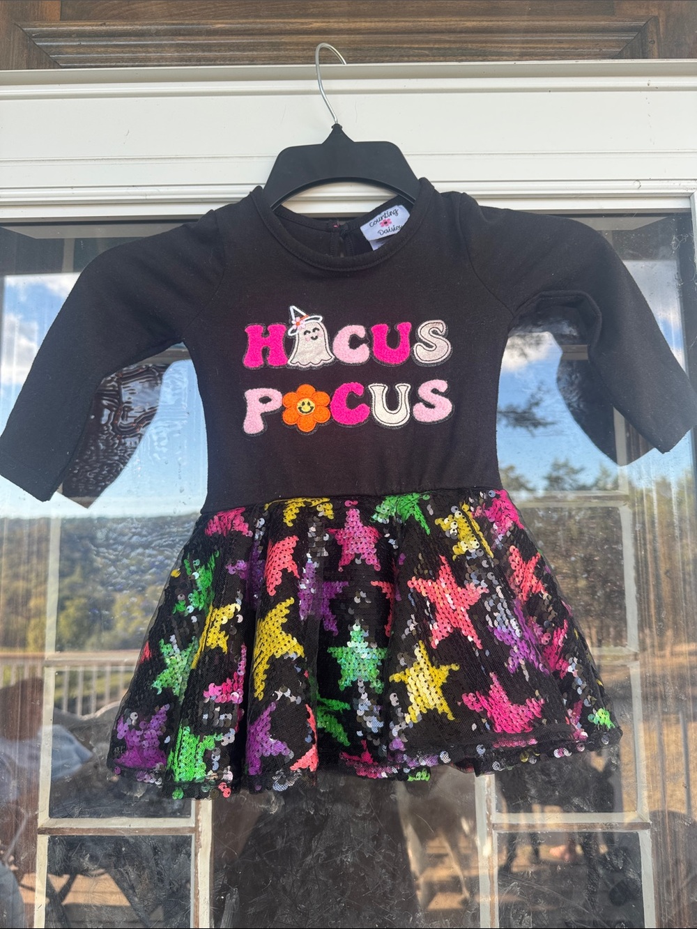 Hocus Pocus Black Long-Sleeve Dress with Multicolor Sequin Star Skirt size 2T
